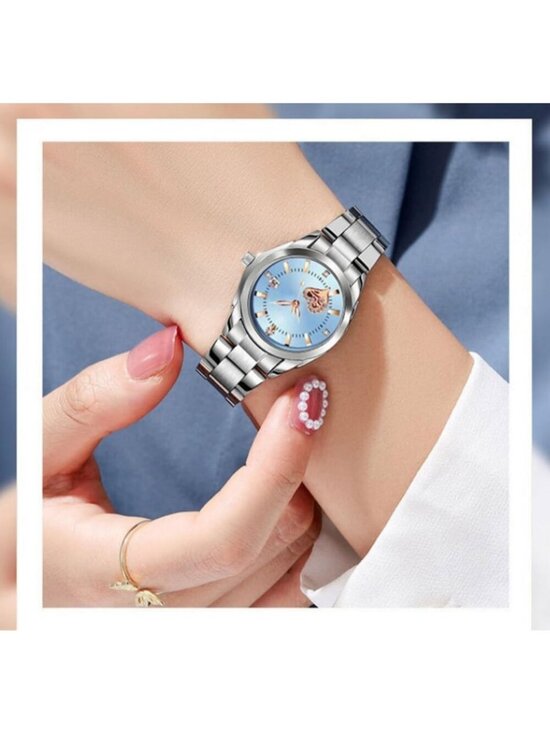 Women\'s Blue Face Analog Quartz Silver Stainless Steel Luminous Waterproof Watch